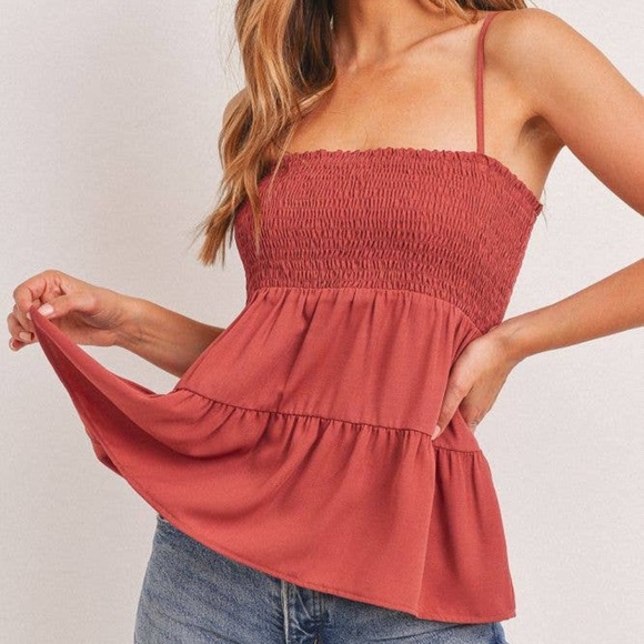 Tops - NWT Rust Red Tiered Smocked Bust Spaghetti Strap Tank Top